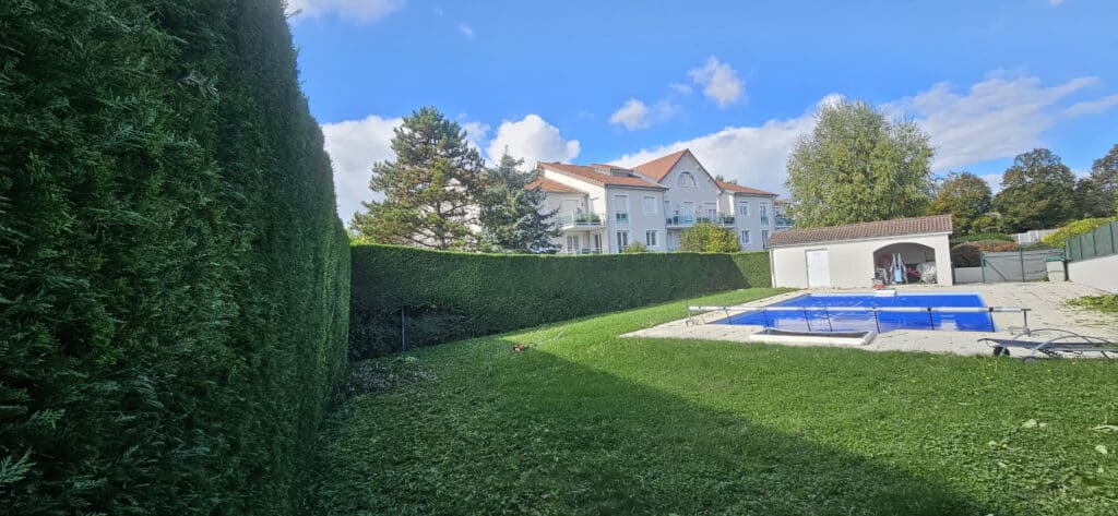 Piscine résidentielle couverte dans un jardin. Haute haie verte dense et pelouse tondue devant une résidence moderne sous ciel bleu.