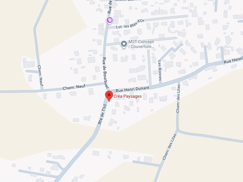 Localisation Créa Paysages : Carte d'accès détaillée. Carte routière montrant l'emplacement de Créa Paysages (pin rouge) à l'intersection de la Rue Henri Dunant et de la Rte de Thil, près de Chem. Neuf.